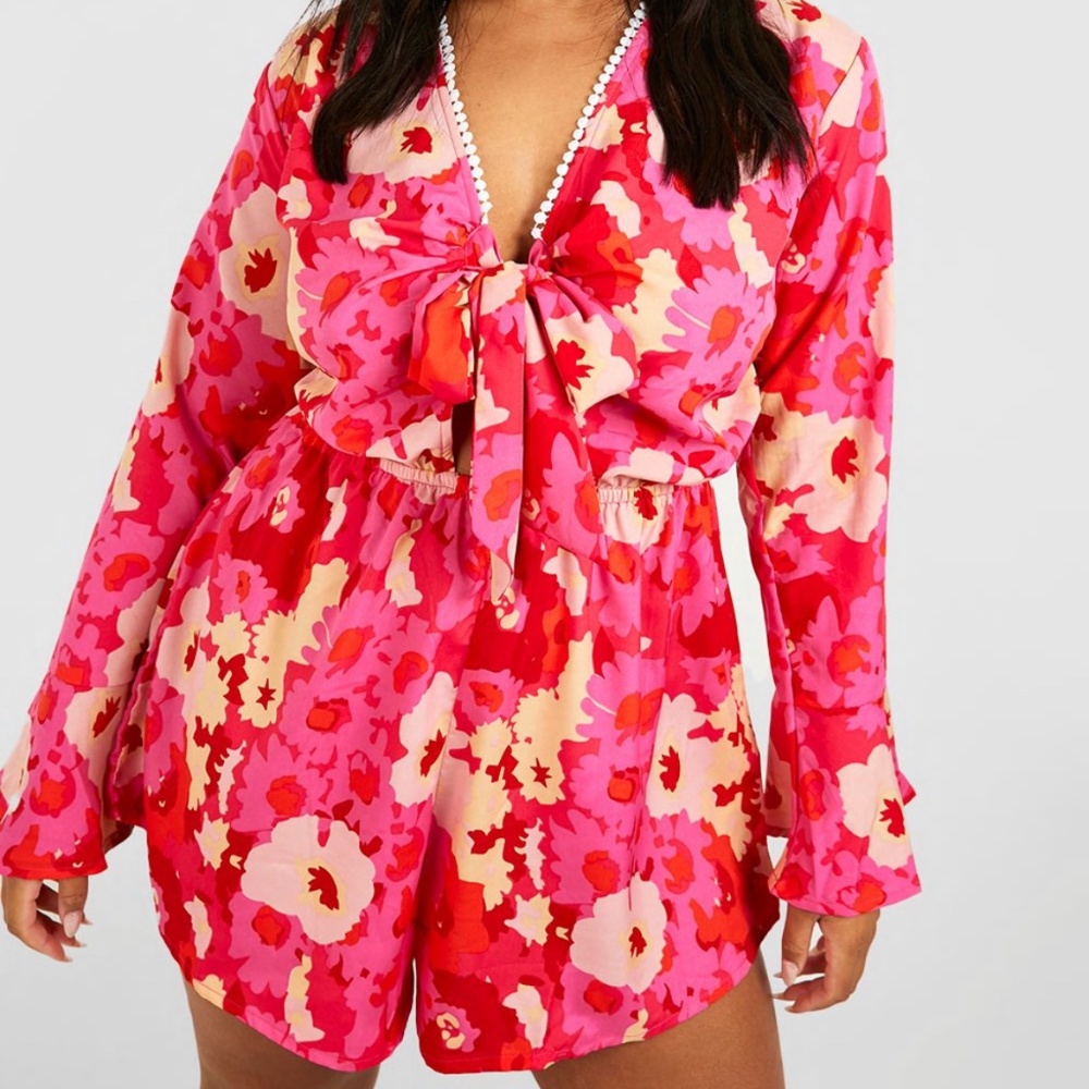 Plus Woven Floral Print Tie Front Playsuit